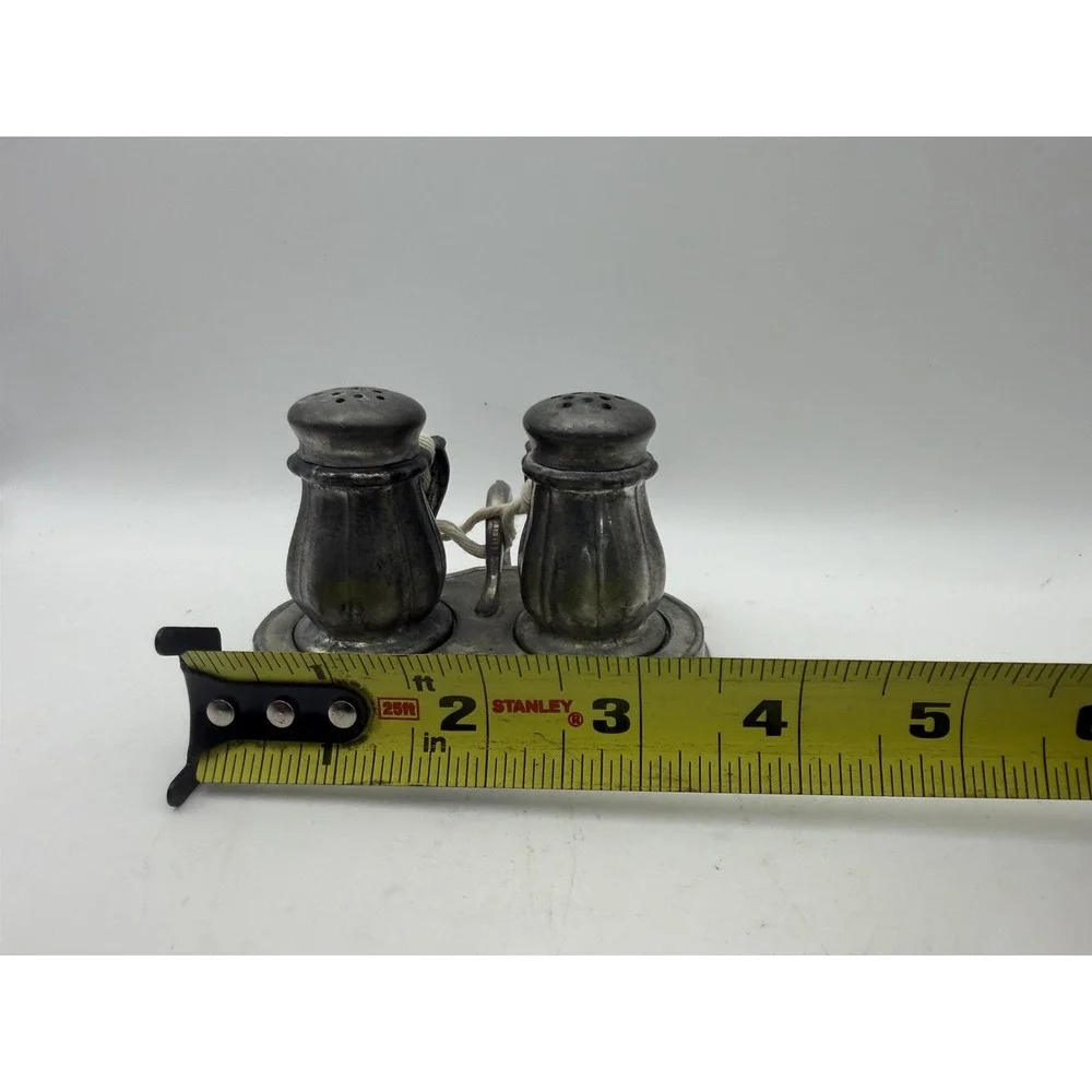 Vintage Pewter Salt & Pepper Shakers w Caddy Tray Set  Pewter #313